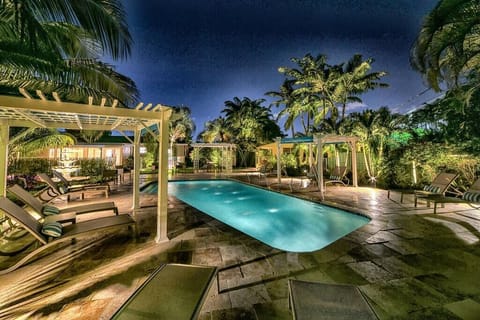 Pool and Tropical Palms lighted at night.