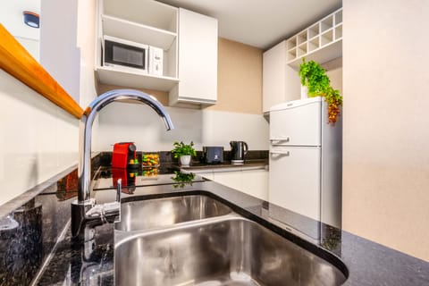 Deluxe Apartment, 1 Bedroom | Private kitchen | Full-size fridge, microwave, oven, stovetop