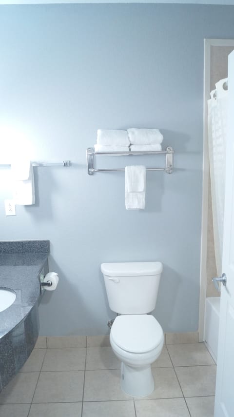 Combined shower/tub, hair dryer, towels