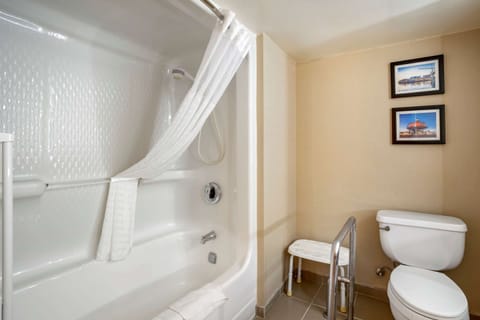 Combined shower/tub, eco-friendly toiletries, hair dryer, slippers