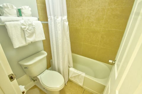 Combined shower/tub, free toiletries, hair dryer, towels