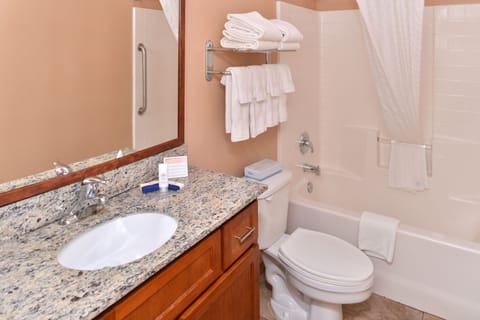 Combined shower/tub, free toiletries, hair dryer, towels