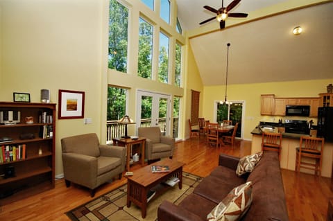 View from living area to dining area and kitchen