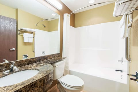 Combined shower/tub, free toiletries, hair dryer, towels