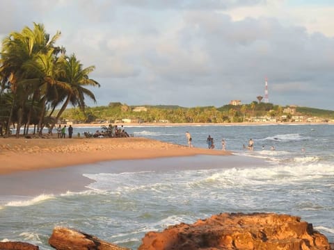 On the beach, sun loungers, beach umbrellas