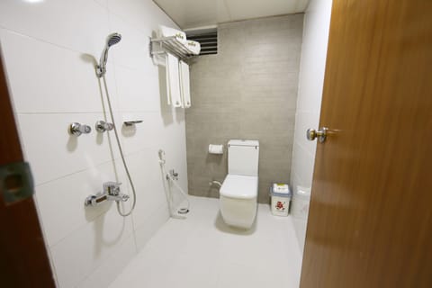 Separate tub and shower, hydromassage showerhead, free toiletries