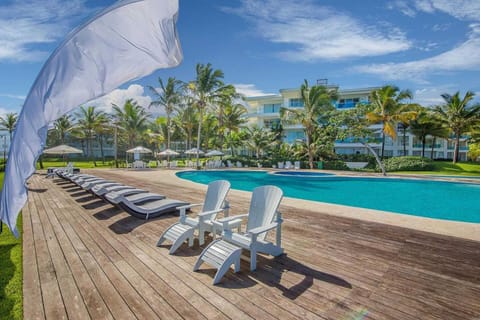 Pool chairs looking at ocean