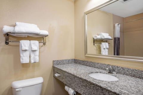 Combined shower/tub, free toiletries, hair dryer, towels