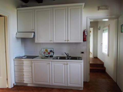 Fridge, stovetop, dishwasher, coffee/tea maker