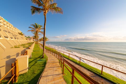 On the beach, sun loungers, beach umbrellas, beach towels