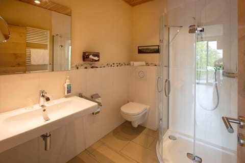 Shower, eco-friendly toiletries, hair dryer, towels