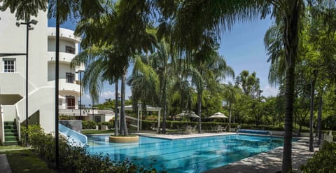 Outdoor pool, pool umbrellas, sun loungers