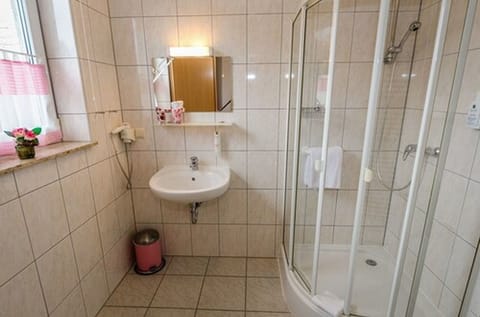 Shower, free toiletries, hair dryer, towels