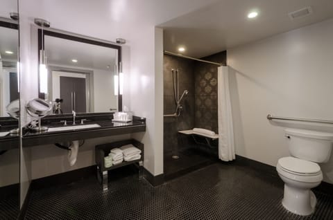 One King Bed, Accessible (Maverick Room) | Bathroom | Shower, designer toiletries, hair dryer, towels