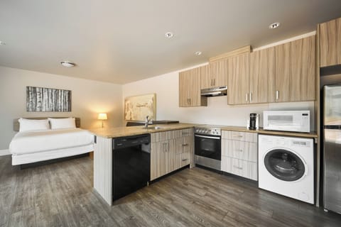 Studio, 1 Queen Bed, Accessible, Non Smoking | Private kitchen | Full-size fridge, microwave, oven, stovetop