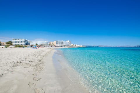 Beach nearby, white sand, sun loungers