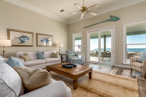 open-floor plan. Oversized slipcovered sofas