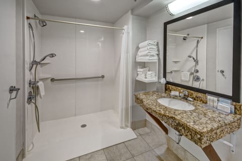One King Bed, Non-Smoking, Roll In Shower | Bathroom | Free toiletries, hair dryer, towels, soap