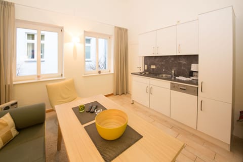 Comfort Apartment, 1 Bedroom, Mezzanine | Private kitchen | Fridge, microwave, stovetop, dishwasher