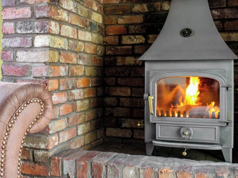 Warming wood burner in living room | Green Lane Cottage, Aberhafesp, near Newtown