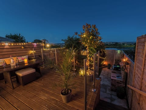 Decking at night | Harpers Cottage - , Fence, near Burnley