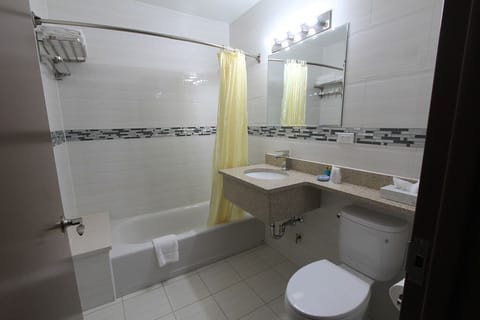 Combined shower/tub, deep soaking tub, rainfall showerhead, hair dryer