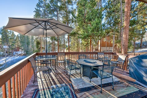 The deck off kitchen, w/grill, fire pit table, views of meadow, trees, sits 8.