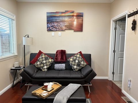 Living space with sofa bed. Bathroom entry to the right.