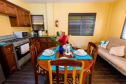 Fully Equipped Kitchen and Queen size futon