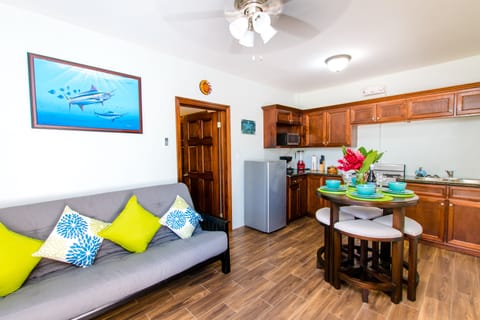 Fully Equipped Kitchen and Queen size futon