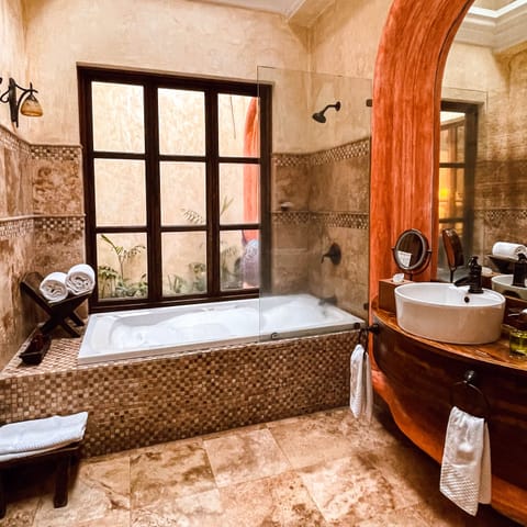 Suite, 1 Queen Bed, Fireplace | Bathroom | Shower, free toiletries, hair dryer, bathrobes