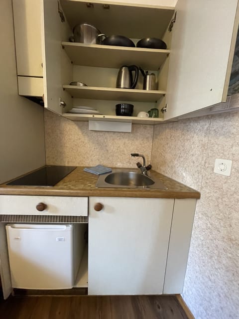 Fridge, stovetop, electric kettle, cookware/dishes/utensils