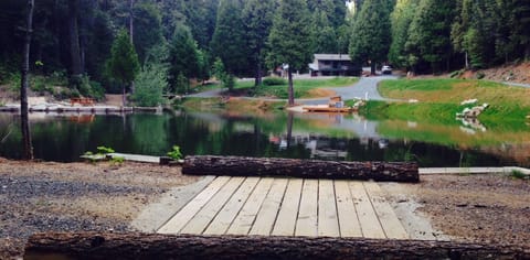 View of PRIVATE beach area, lake, dock and main home. All YOURS INCLUSIVE!
