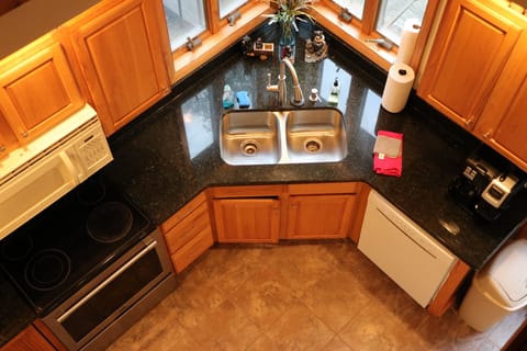 Kitchen view from upstairs.  New Granite Counter tops!