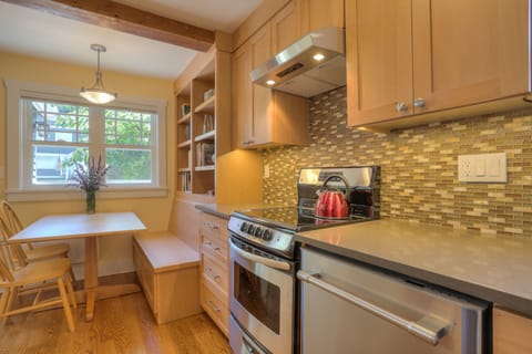 Dine inside in the built-in dining area or outside on the patio. 