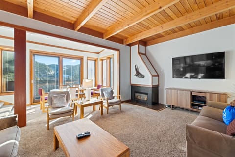 View from the family room toward the lower dining area and gas fireplace