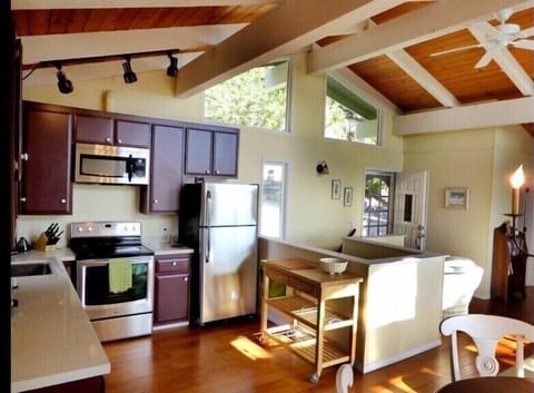 Cook a groumet meal in our well stocked kitchen with stainless appliances.