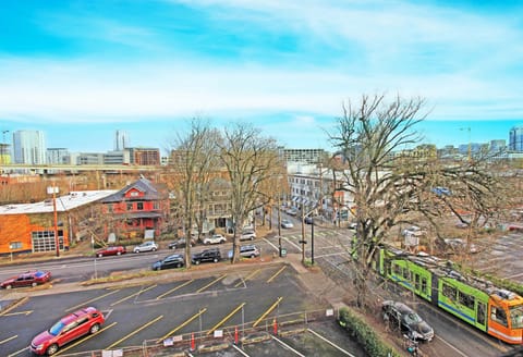 Looking at downtown, streetcar stop across the street.

