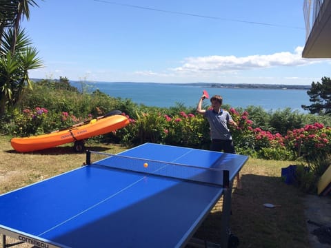 Our table tennis table and kayak in the background