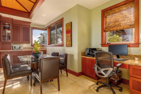 Stay productive in the built-in desk area, perfect for remote work with lush views and natural light.