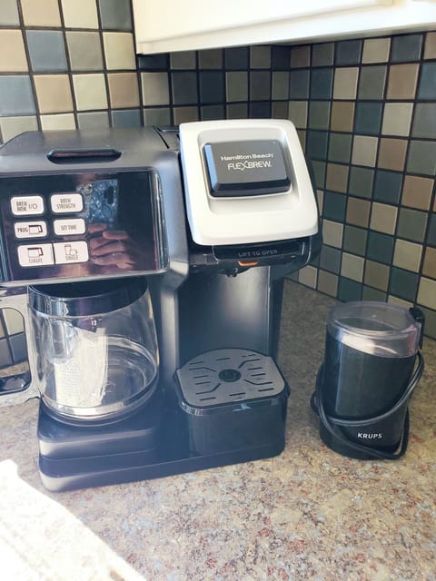 Drip Pot, K-Cups, and Coffee Grinder. 