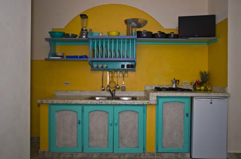 Studio, 1 Queen Bed | Shared kitchen | Full-size fridge, stovetop, coffee/tea maker, cookware/dishes/utensils