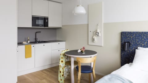 Finnish Design Penthouse Studio Balcony | Private kitchen | Full-size fridge, microwave, stovetop, dishwasher