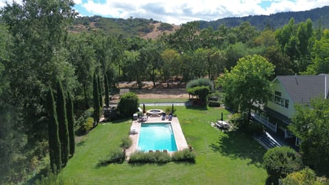 View southwest across rear of estate.  Pool, spa, and bocce court just past spa.