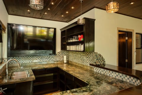 Wet bar kitchenette and glasses/bottle storage.