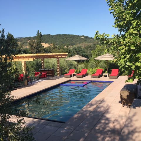 Beautiful pool, hot tub, bar, seating area with room for all.