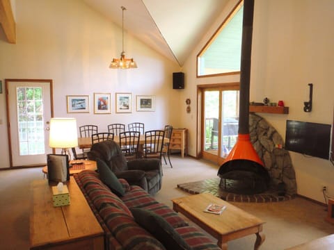 Functioning wood stove in the living room.