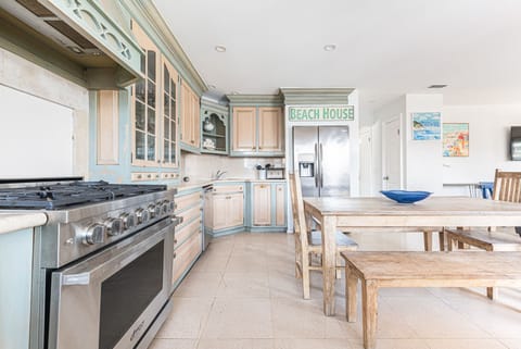 The kitchen comes stocked with dishes, utensils, cookware, bakeware, and all major and small appliances. Guests must provide their own food, drinks, spices, condiments, and paper goods.