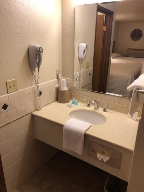 Combined shower/tub, rainfall showerhead, free toiletries, hair dryer