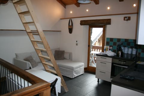 Living area with removable mezzanine office ladder in place